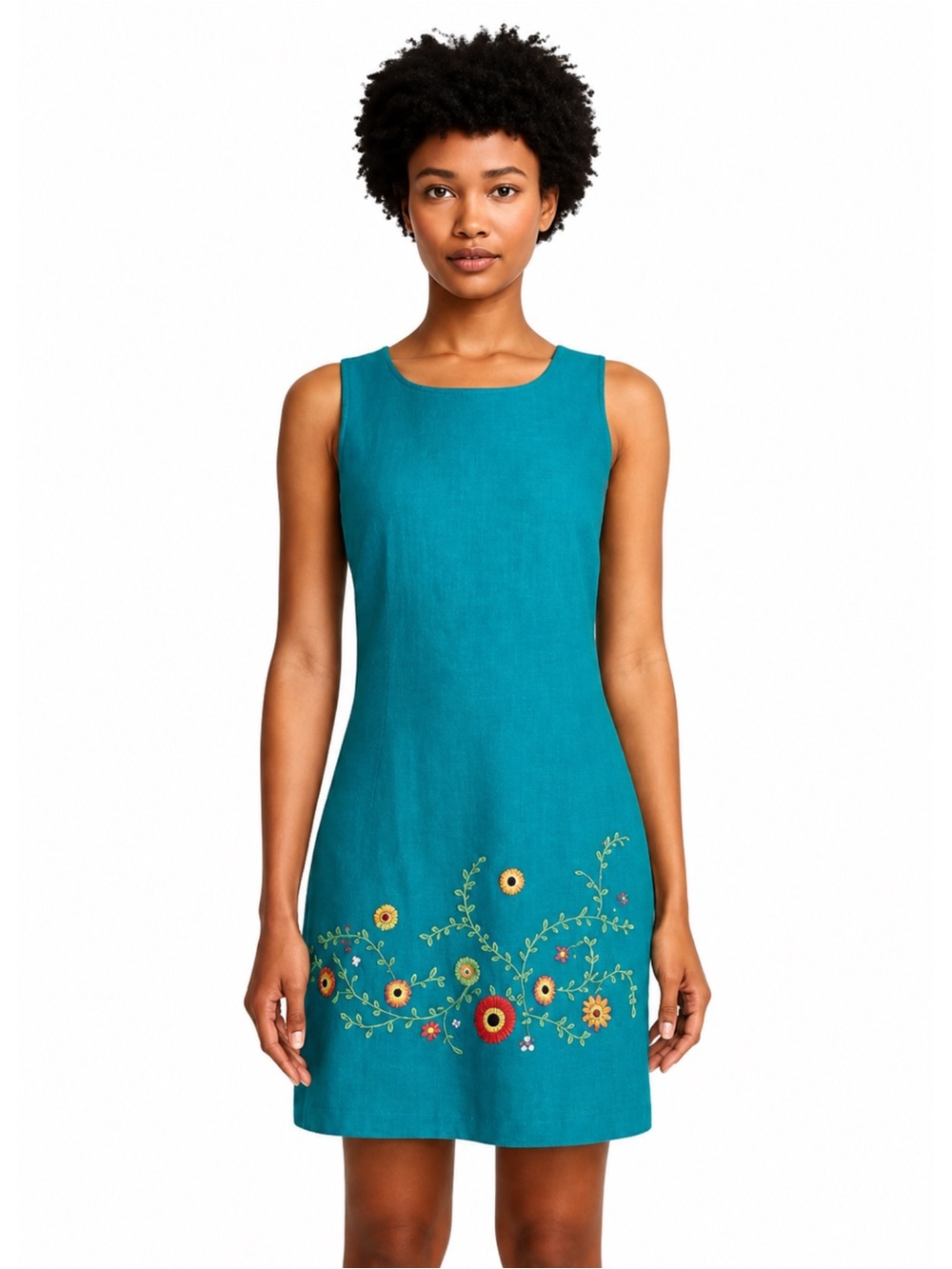 John Roberts Teal Sleeveless Floral Embroidered Mini Dress